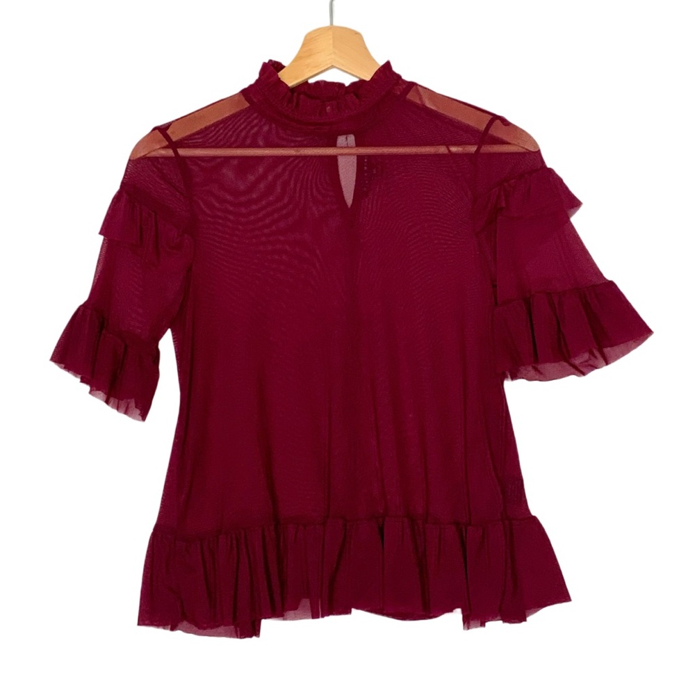 Haute Monde Burgundy Mesh Sheer Ruffle Top Medium Short Sleeve High Neckline
